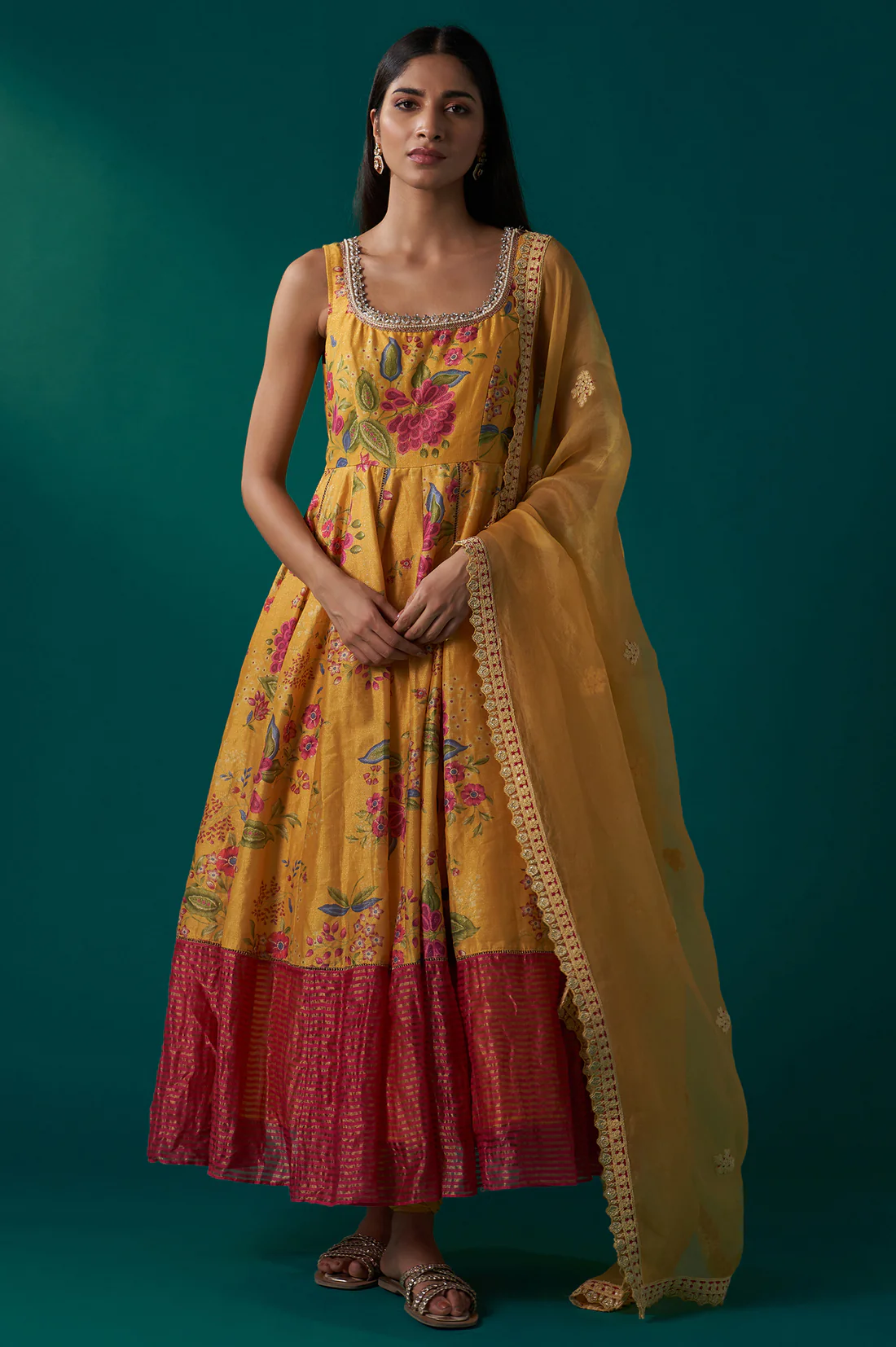 Yellow Floral Print Embroidered Anarkali Tissue Kurta